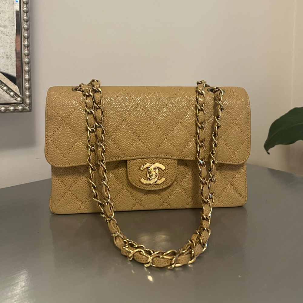 Chanel classic double flap small dark beige caviar leather